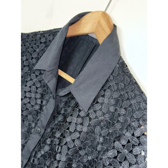 LELA ROSE black cotton lace longline peplum button front asymmetrical blouse top - Picture 9 of 14